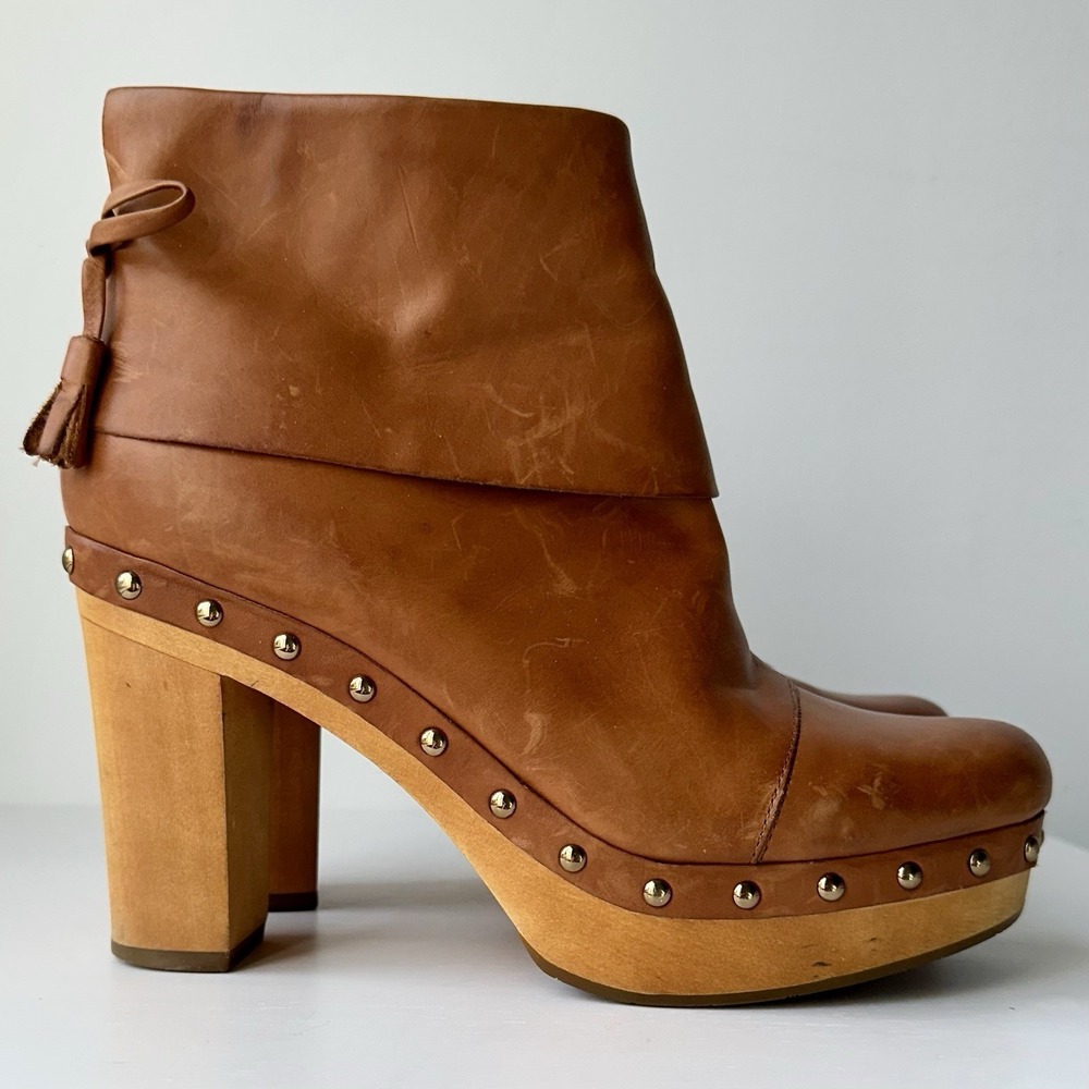 VIA‎ SPIGA Bennet Cognac Tassel Studded Wooden Platform Leather Boot Size 9 Boho
